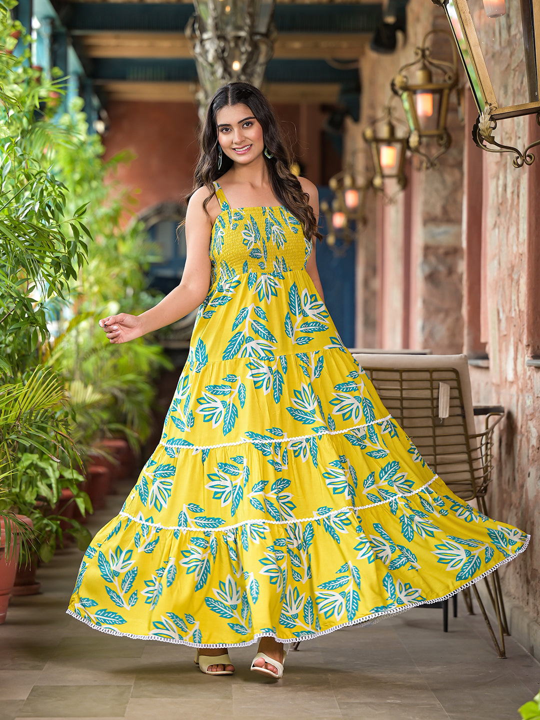 Lemon Yellow Tiered Maxi Dress - Elganza