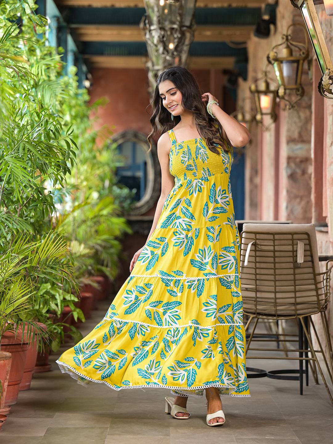 Lemon Yellow Tiered Maxi Dress - Elganza