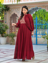 Burgundy Maxi Dress With Flared Sleeve - Elganza