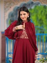 Burgundy Maxi Dress With Flared Sleeve - Elganza