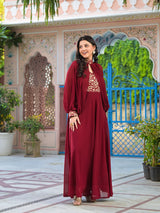 Burgundy Maxi Dress With Flared Sleeve - Elganza