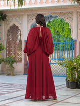 Burgundy Maxi Dress With Flared Sleeve - Elganza