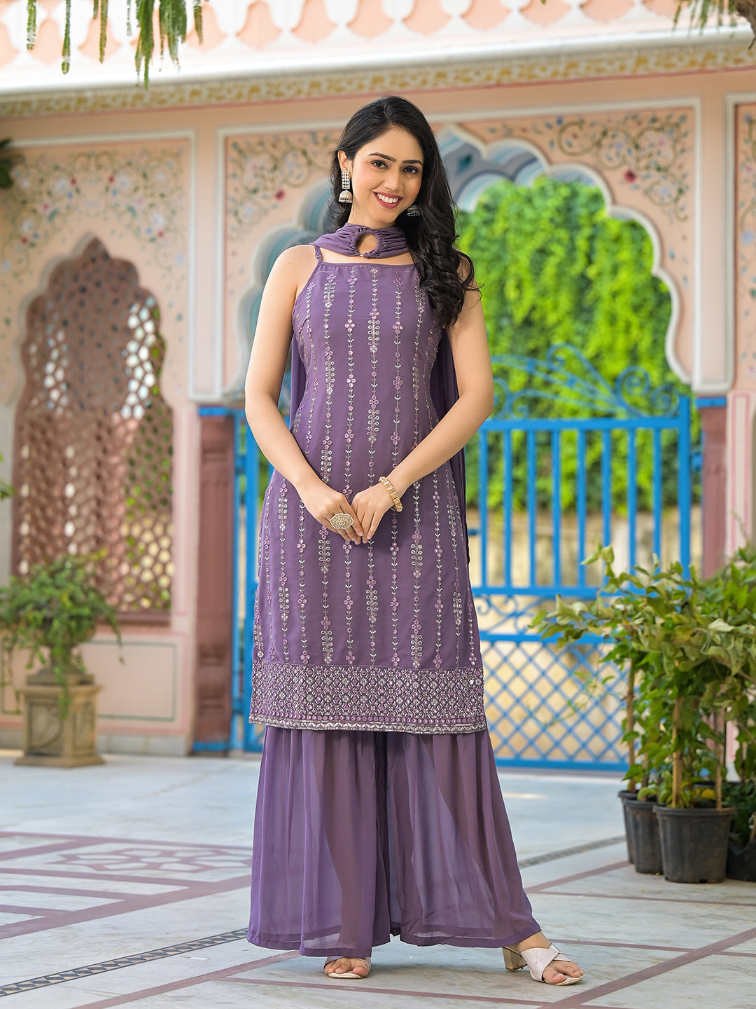 Lavender Sequinned Kurta Sharara Set With Dupatta - Elganza