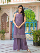 Lavender Sequinned Kurta Sharara Set With Dupatta - Elganza