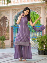 Lavender Sequinned Kurta Sharara Set With Dupatta - Elganza