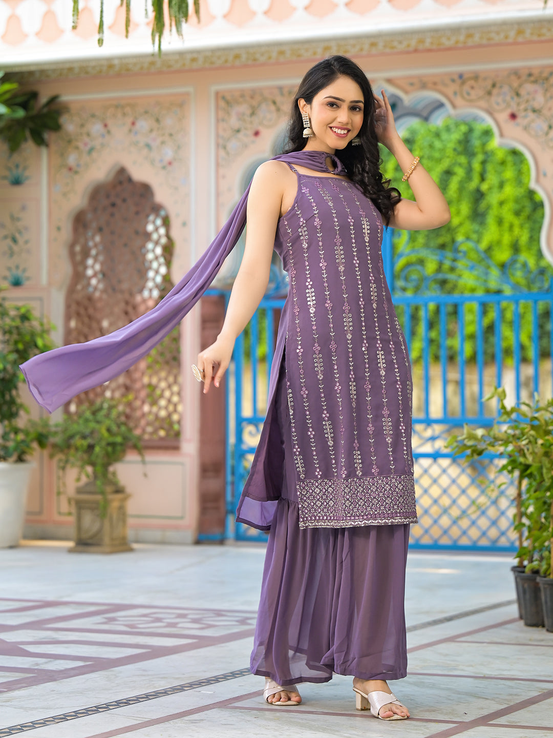Lavender Sequinned Kurta Sharara Set With Dupatta - Elganza