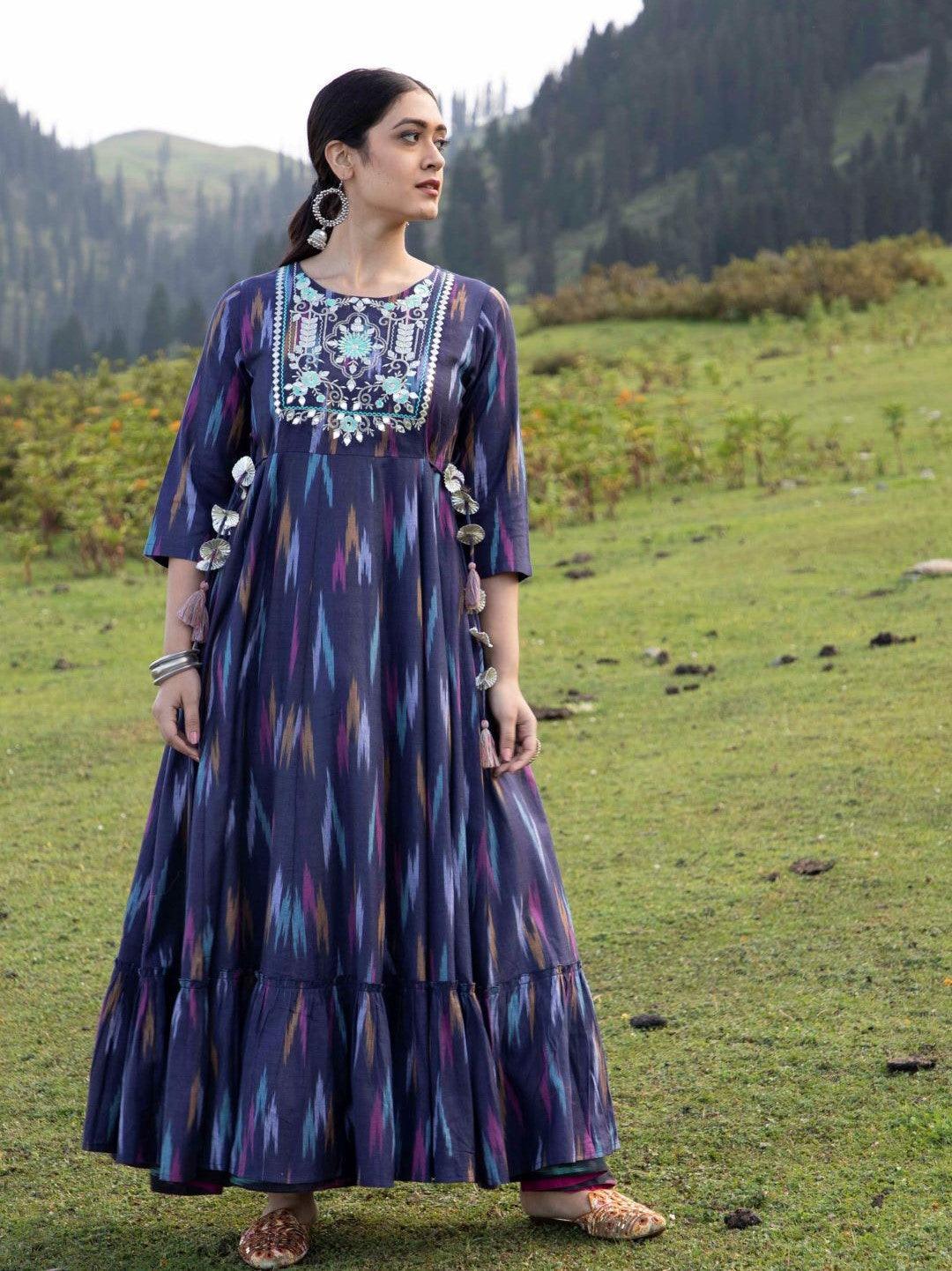 Blue Embroidered Flared Maxi Dress - Elganza