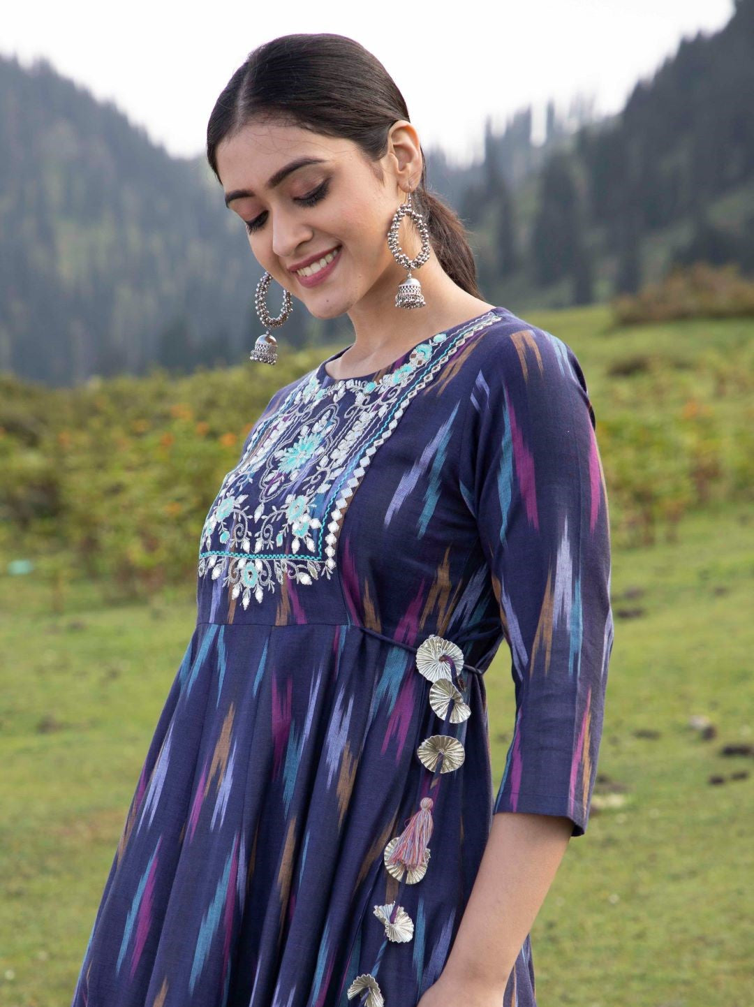 Blue Embroidered Flared Maxi Dress - Elganza