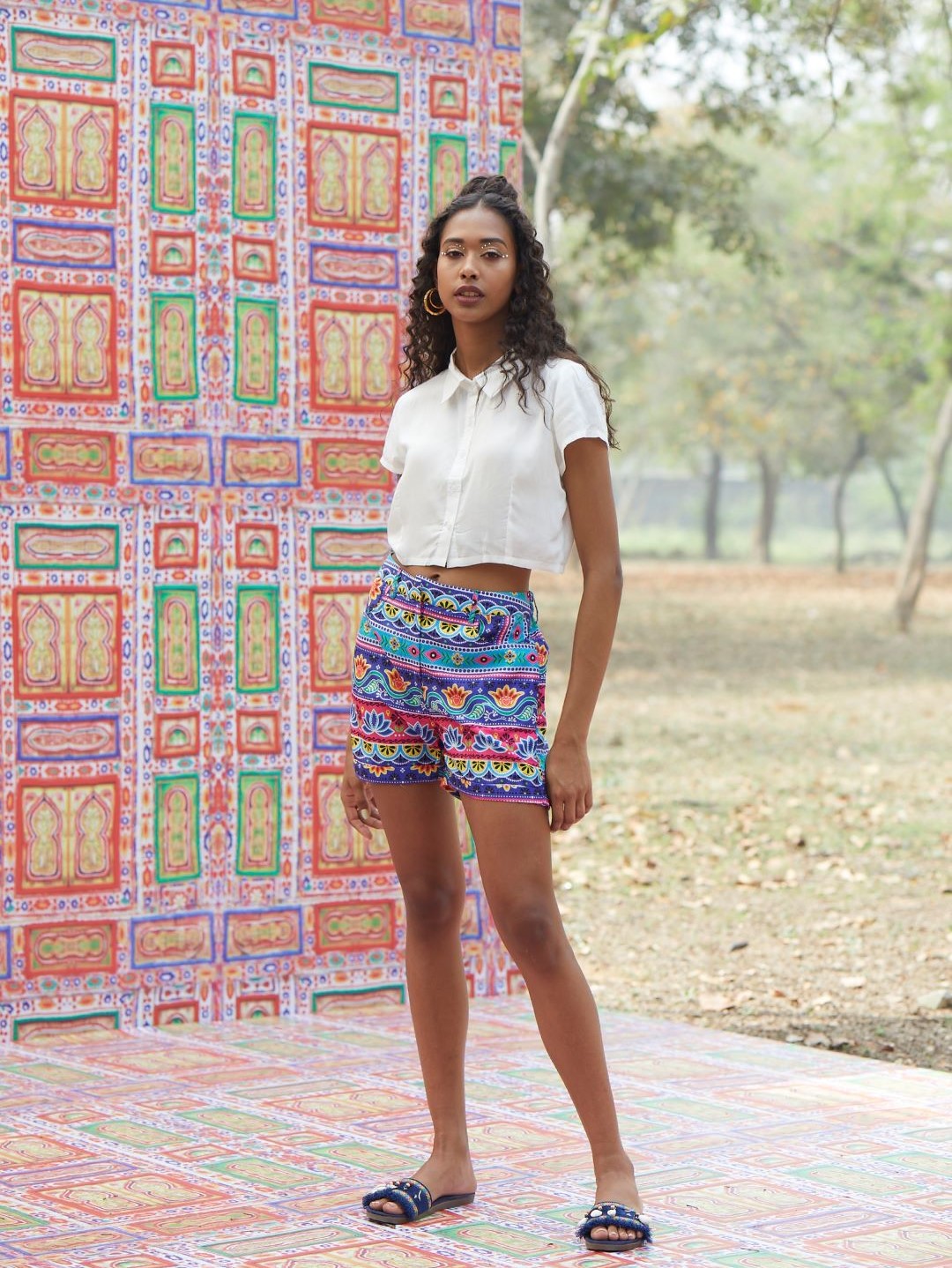 Blue & Pink Floral Print Shorts - Elganza