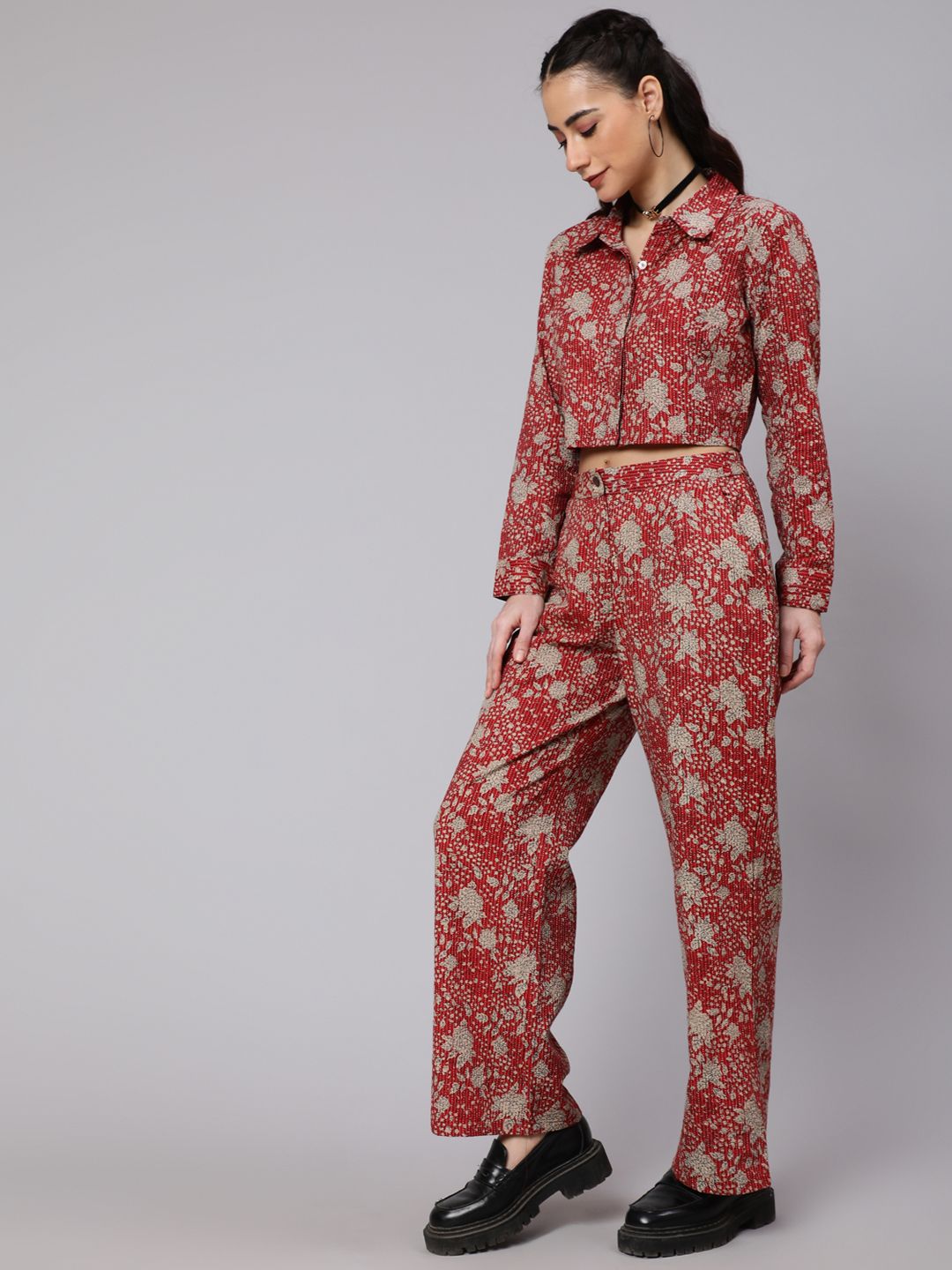Maroon Floral Co Ord Set - Elganza