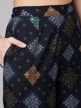 Navy Blue Printed Straight Kurta Set - Elganza