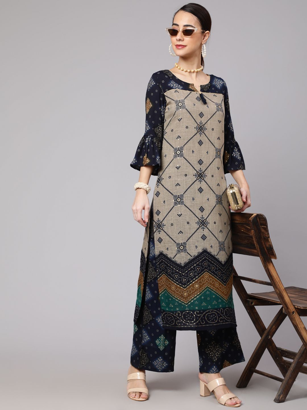 Navy Blue Printed Straight Kurta Set - Elganza
