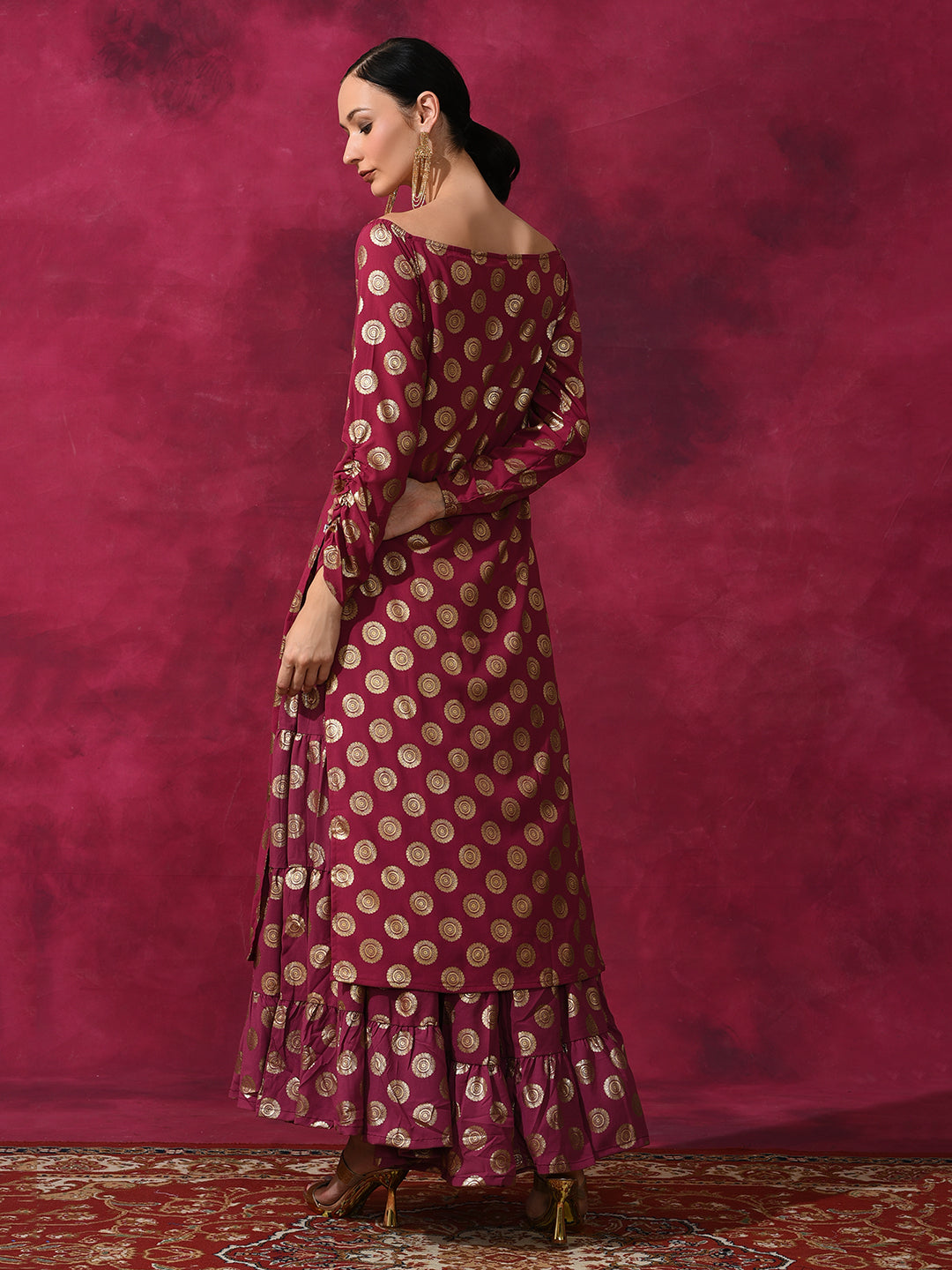 Purple Foil Print Off Shoulder Kurta - Elganza