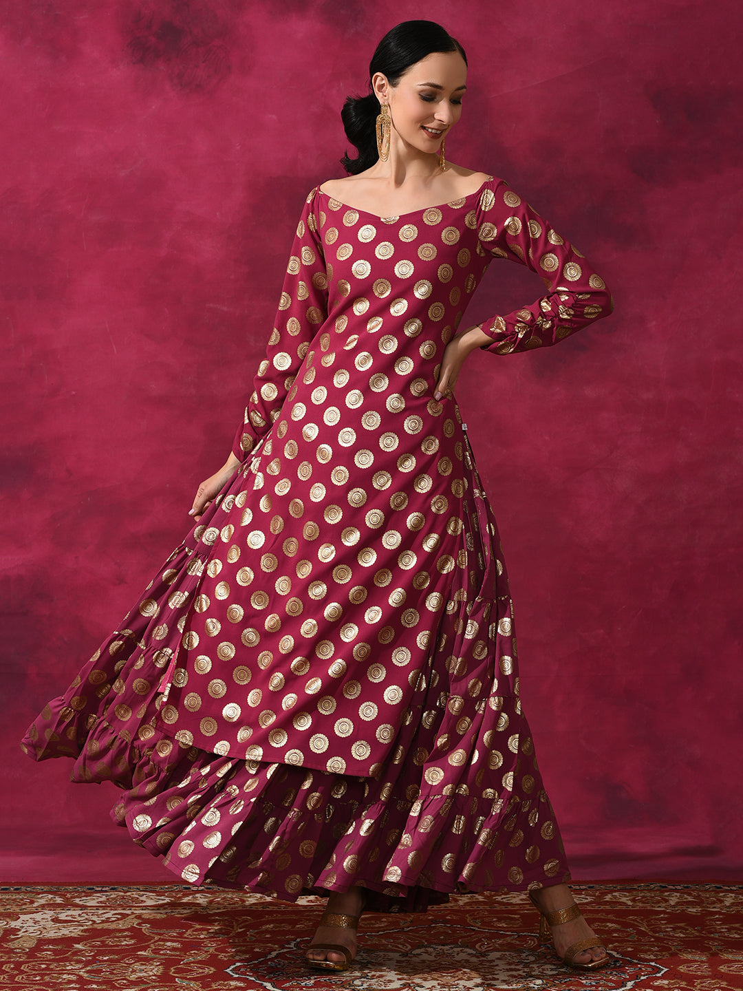 Purple Foil Print Off Shoulder Kurta - Elganza