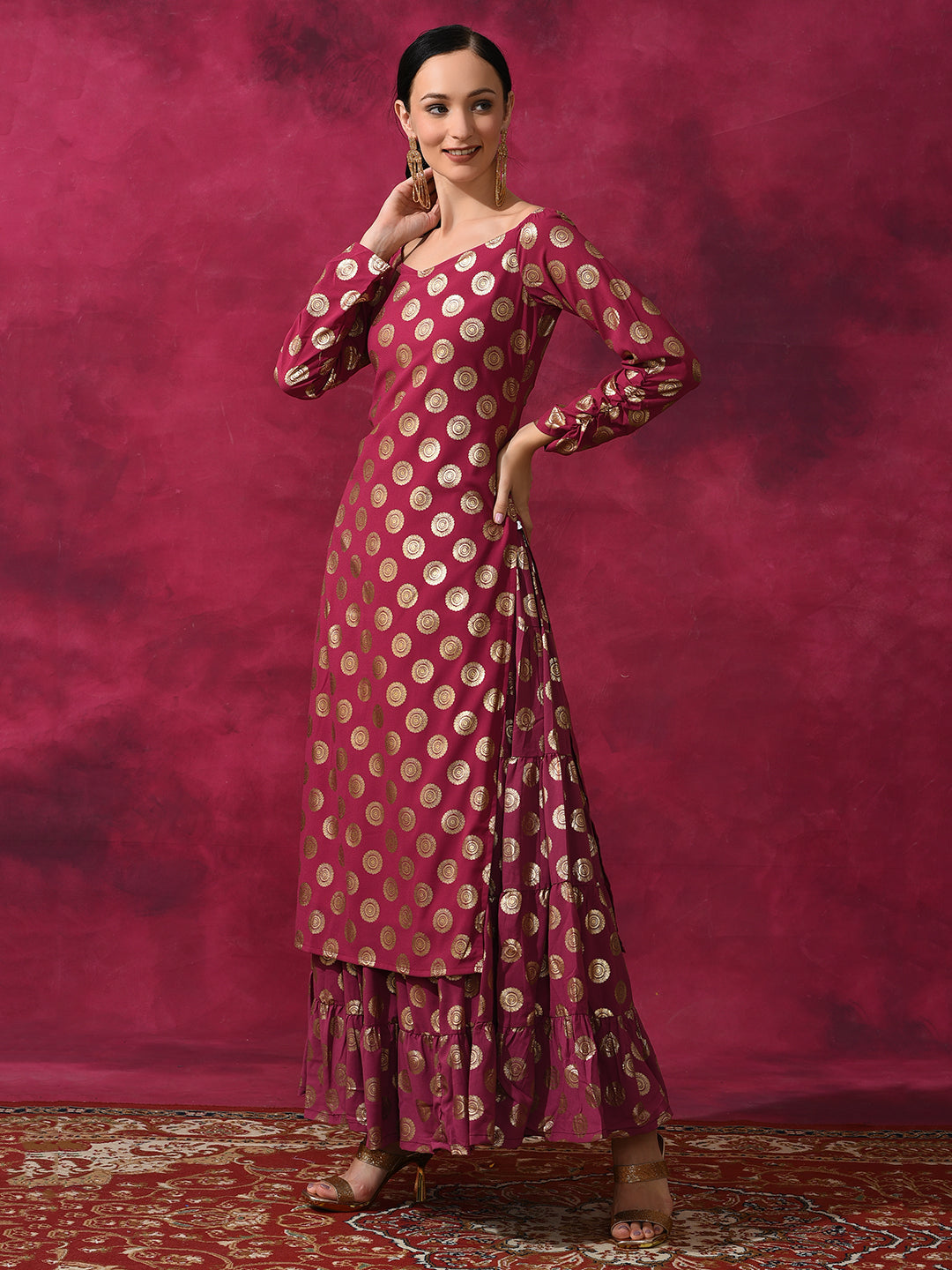 Purple Foil Print Off Shoulder Kurta - Elganza