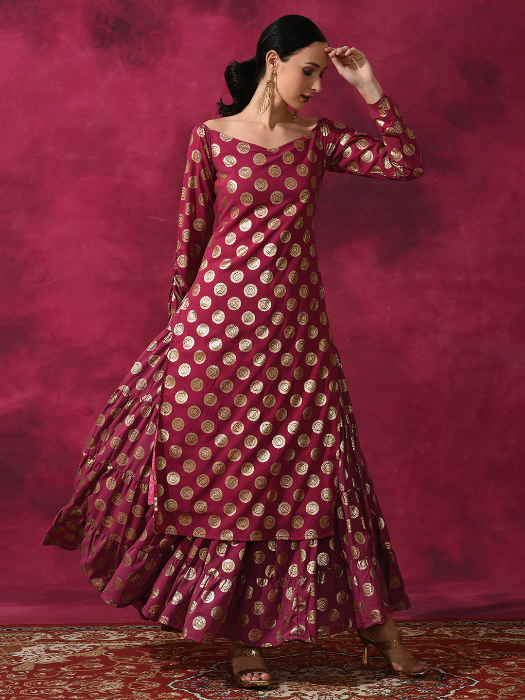 Purple Foil Print Off Shoulder Kurta - Elganza