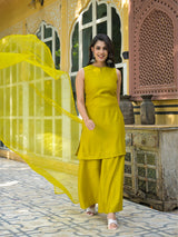 Mustard Sleevessless Kurta Sharara With Organza Sequinned Dupatta - Elganza