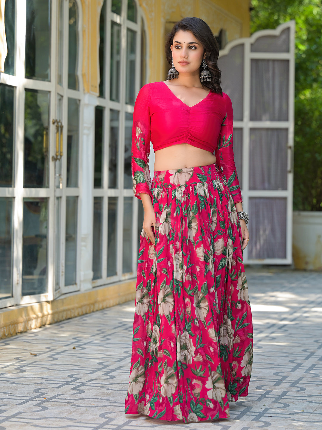 Magenta Floral Print Chinnon Lehenga Choli - Elganza