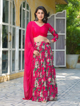 Magenta Floral Print Chinnon Lehenga Choli - Elganza