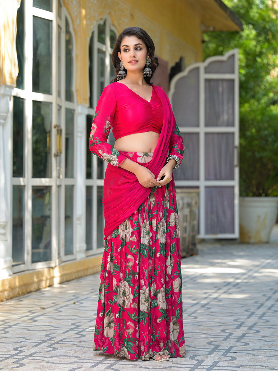 Magenta Floral Print Chinnon Lehenga Choli - Elganza