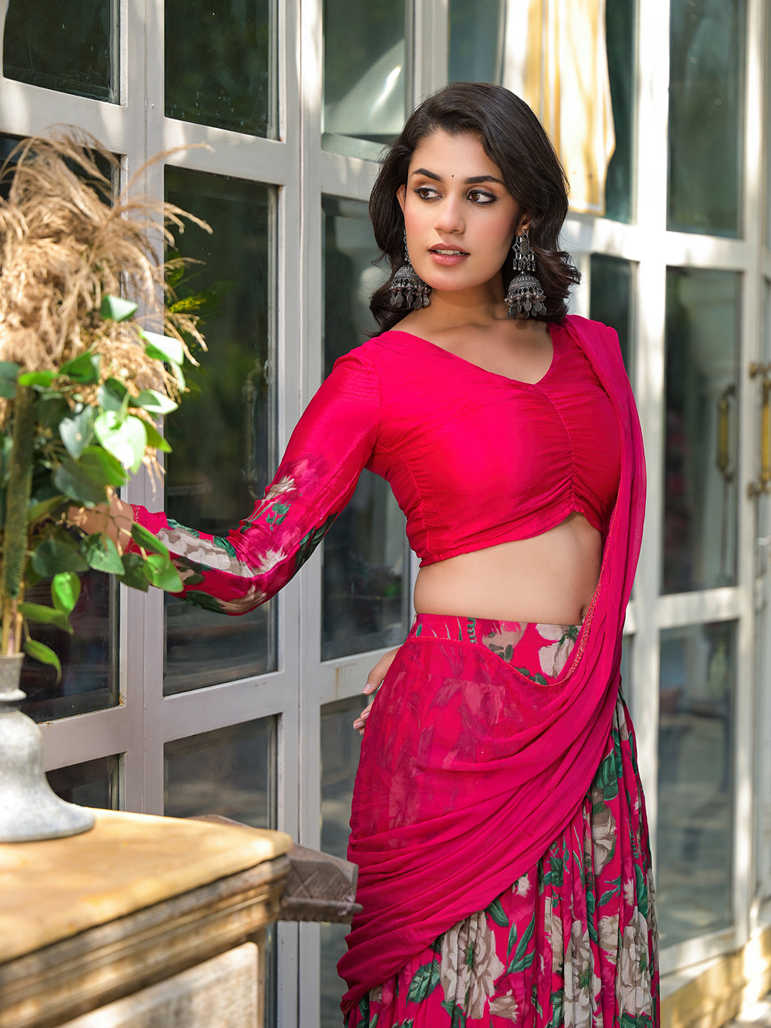 Magenta Floral Print Chinnon Lehenga Choli - Elganza