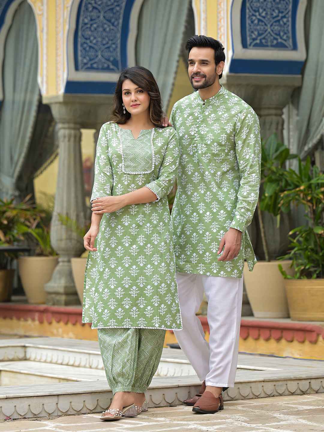 Pastel Green Floral Print Couple Combo - Elganza