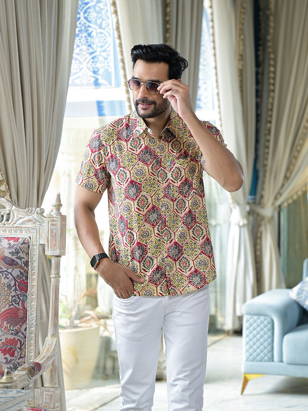 Beige Ethnic print Shirt - Elganza