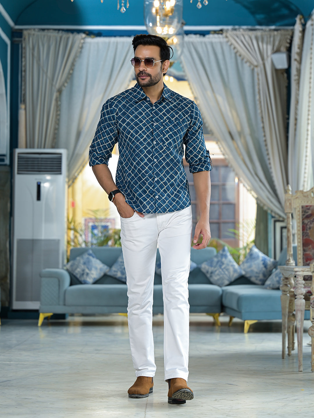 Indigo geometric print shirt - Elganza