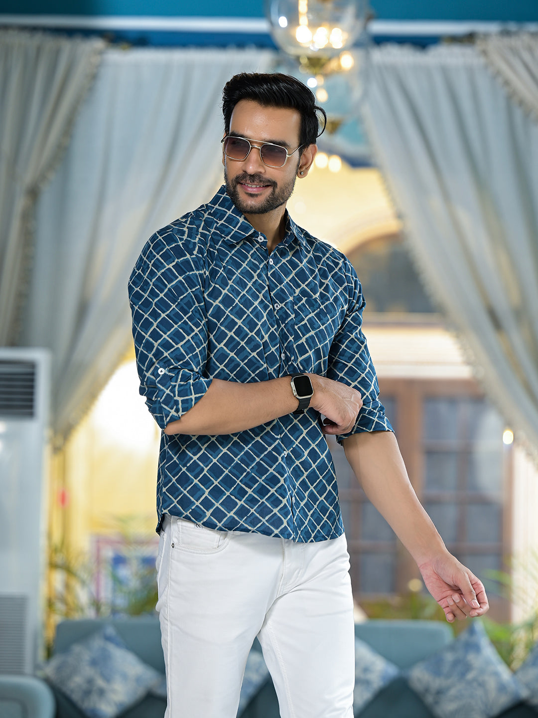 Indigo geometric print shirt - Elganza