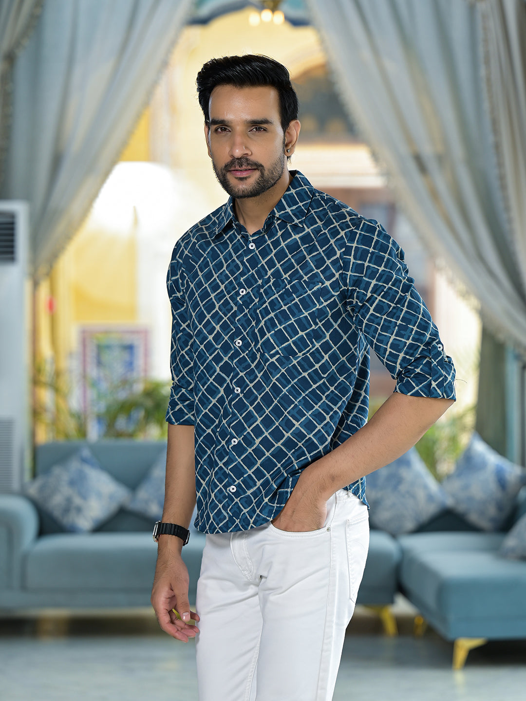 Indigo geometric print shirt - Elganza