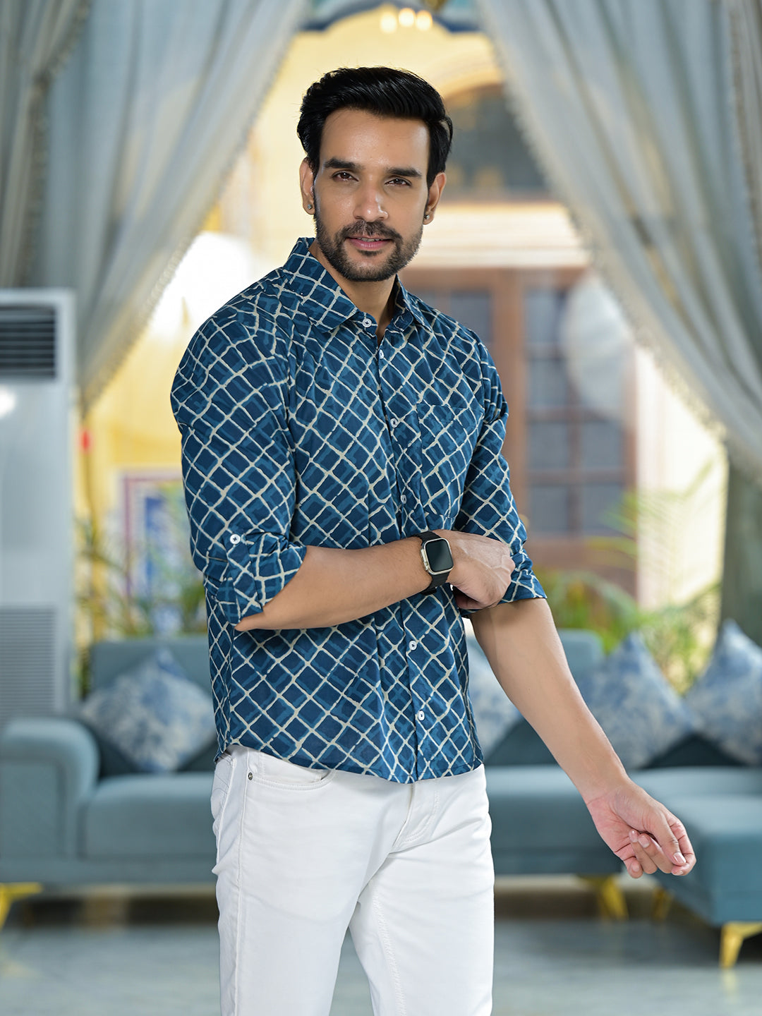 Indigo geometric print shirt - Elganza