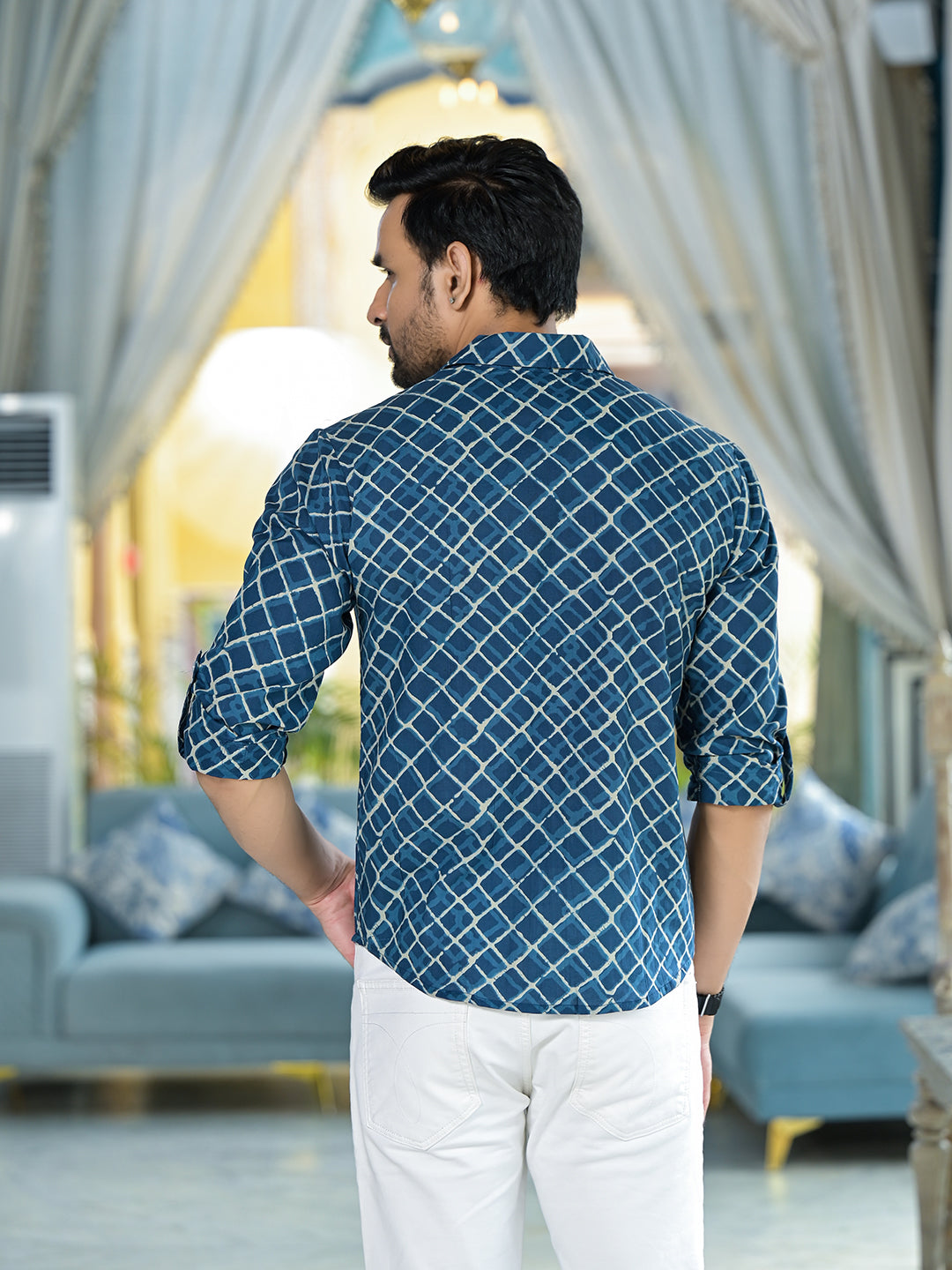 Indigo geometric print shirt - Elganza