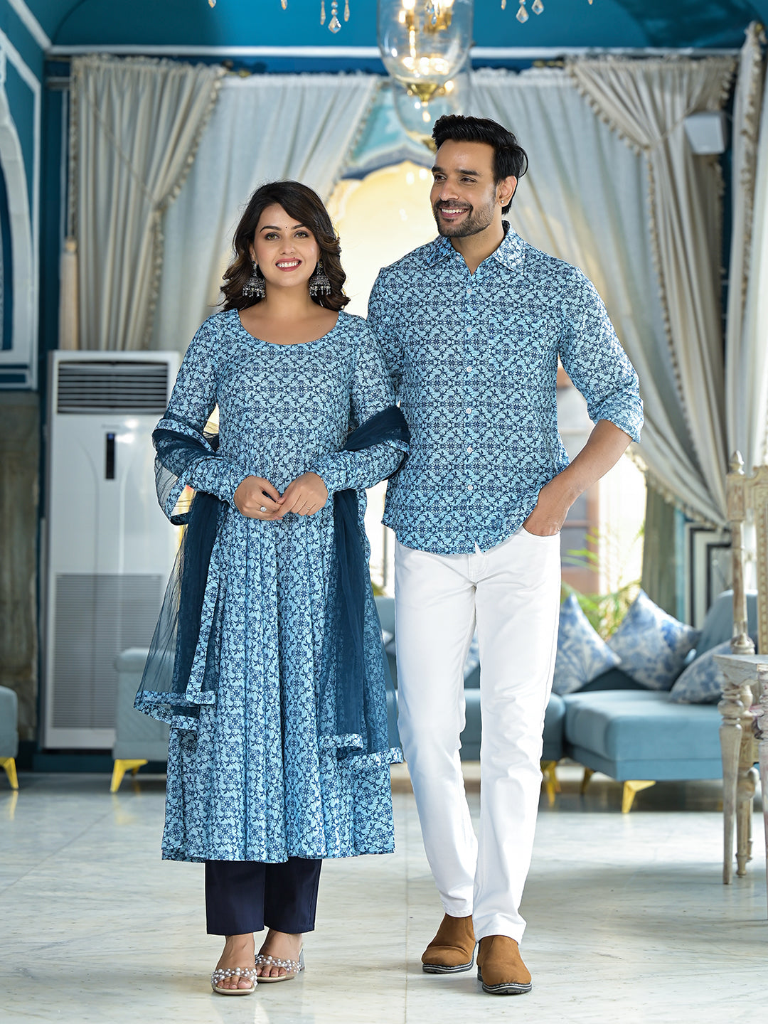 Icy Blue Mughal Print Couple combo Set - Elganza
