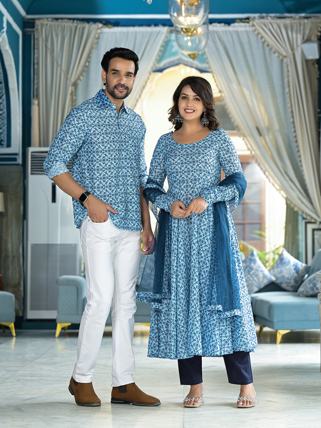 Icy Blue Mughal Print Couple combo Set - Elganza