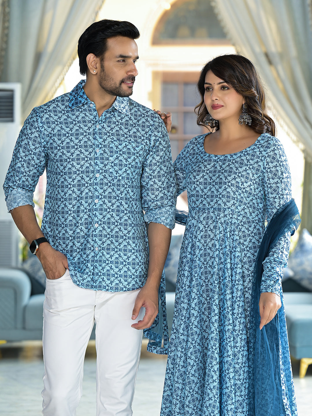 Icy Blue Mughal Print Couple combo Set - Elganza