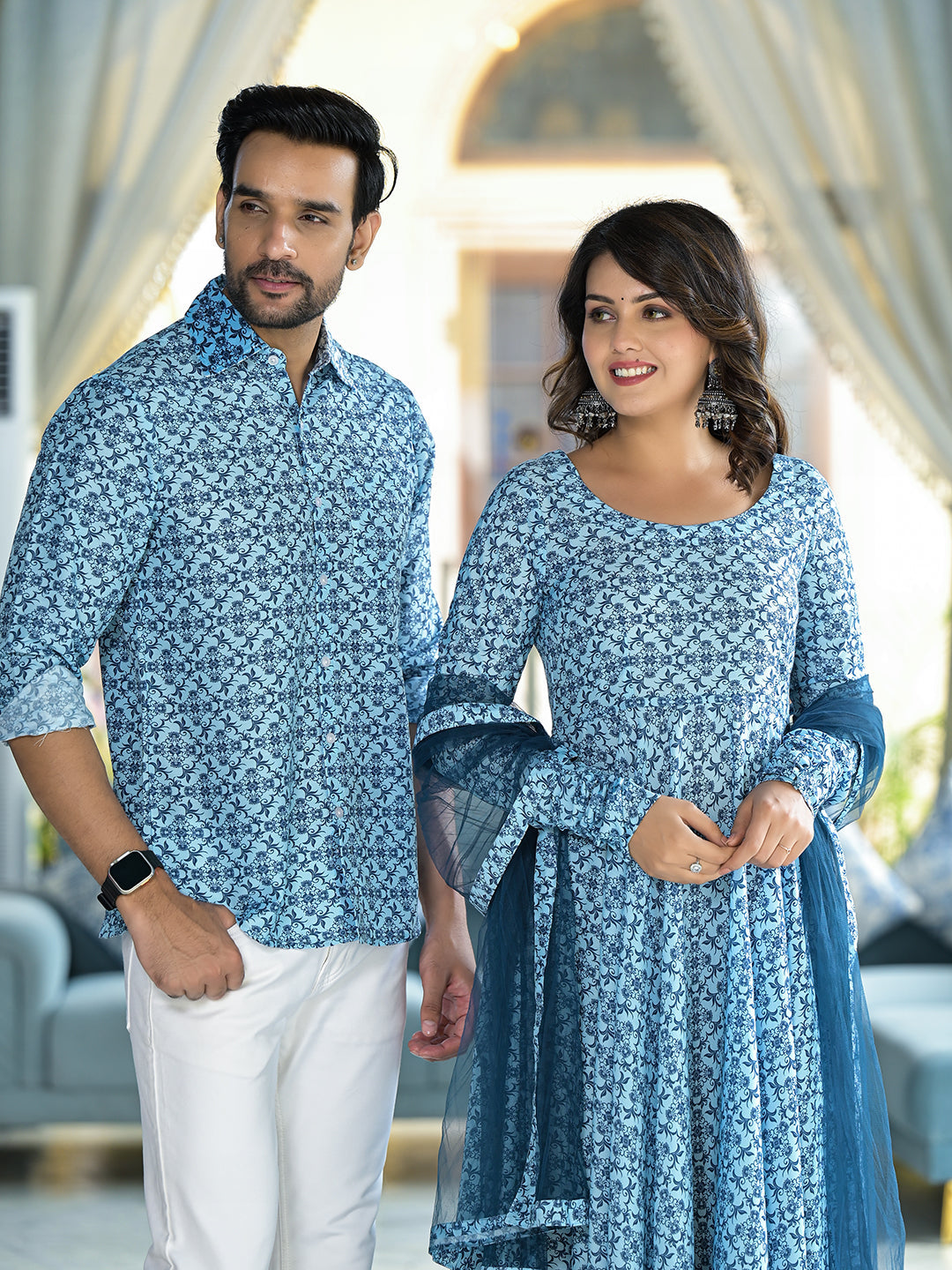 Icy Blue Mughal Print Couple combo Set - Elganza