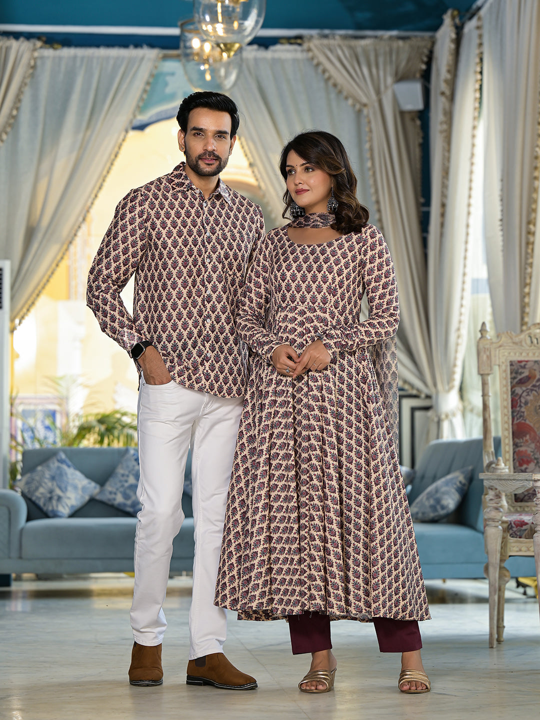 Beige Mughal Print Couple combo Set - Elganza