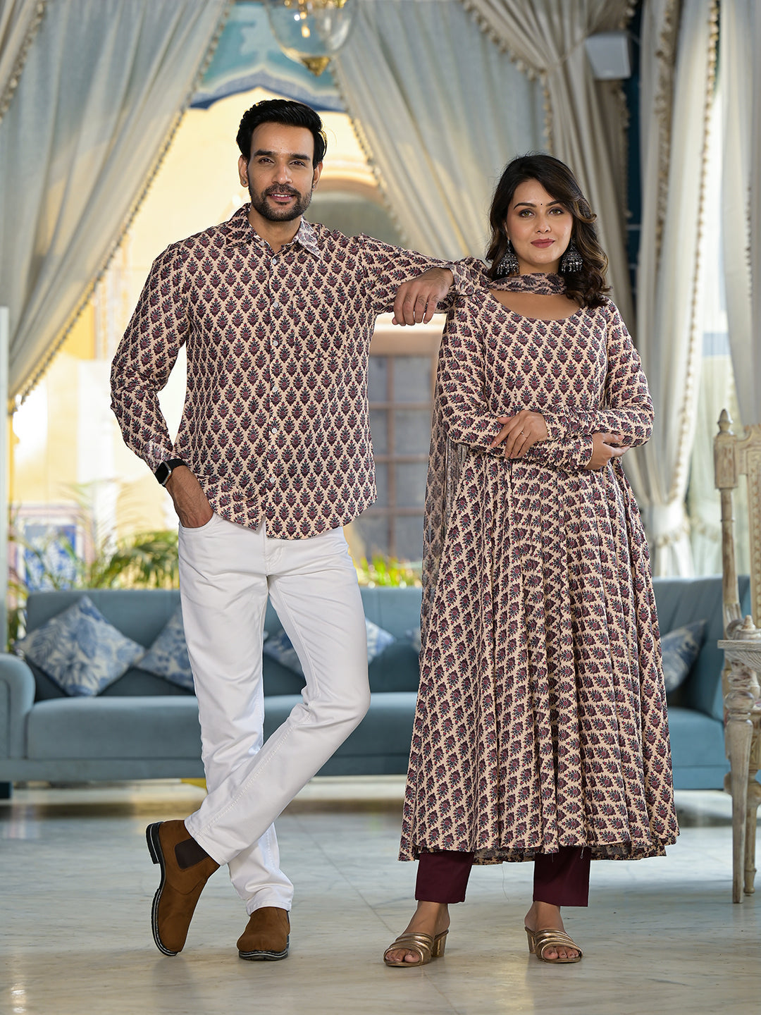 Beige Mughal Print Couple combo Set - Elganza