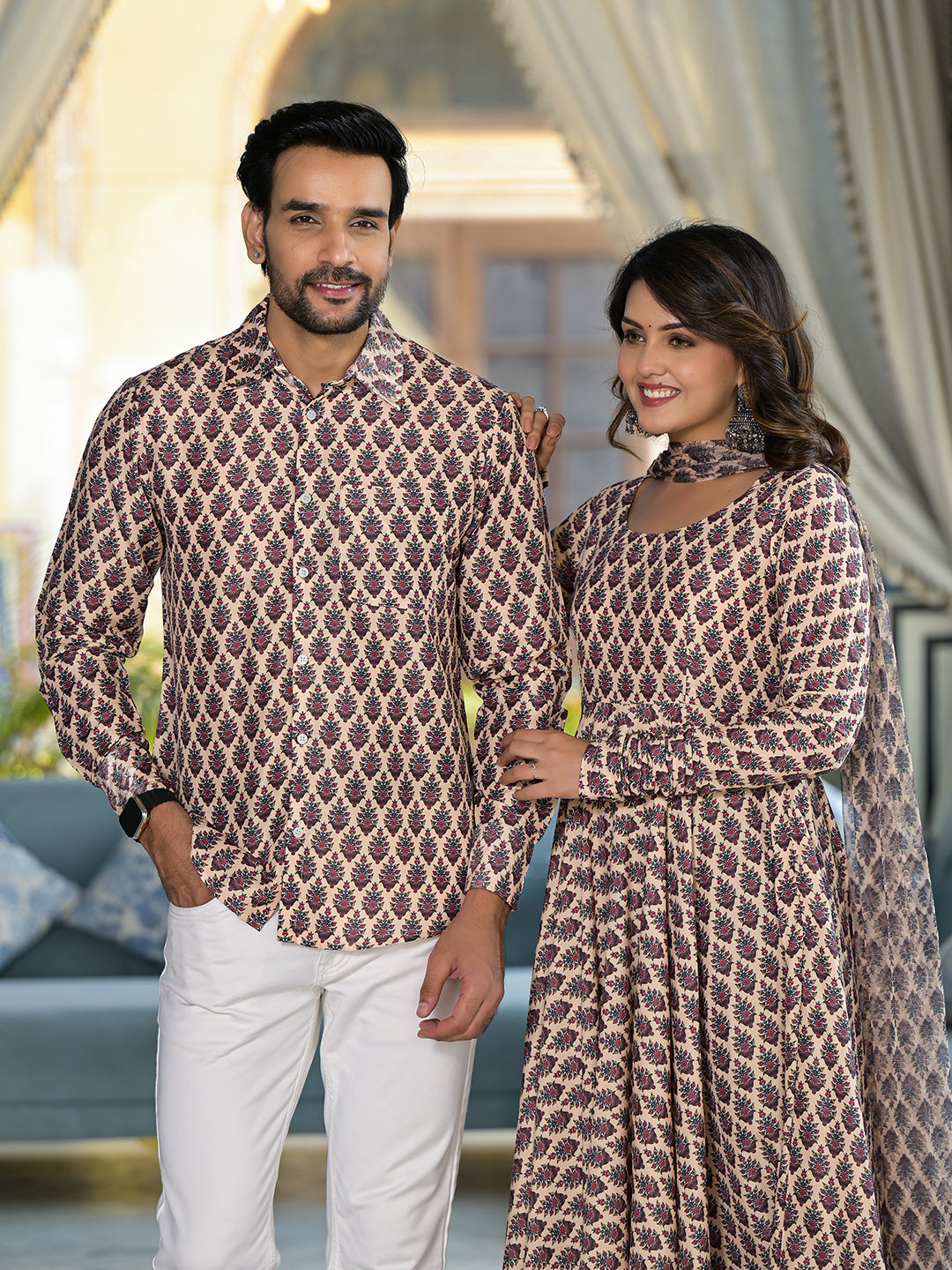 Beige Mughal Print Couple combo Set - Elganza