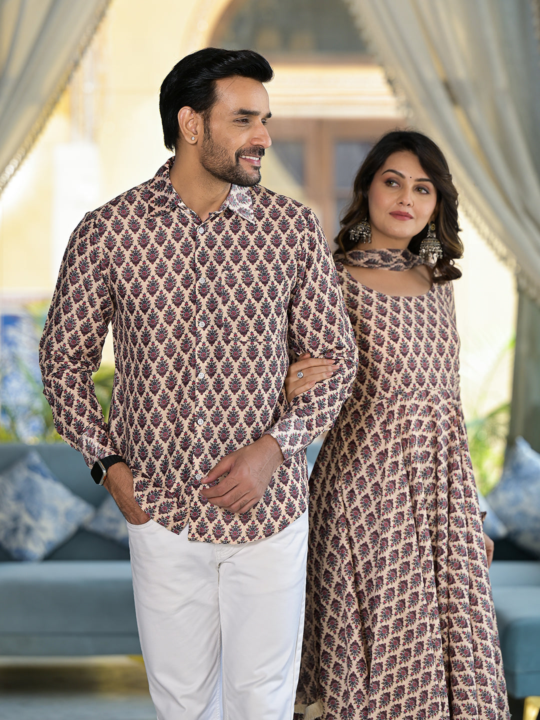 Beige Mughal Print Couple combo Set - Elganza