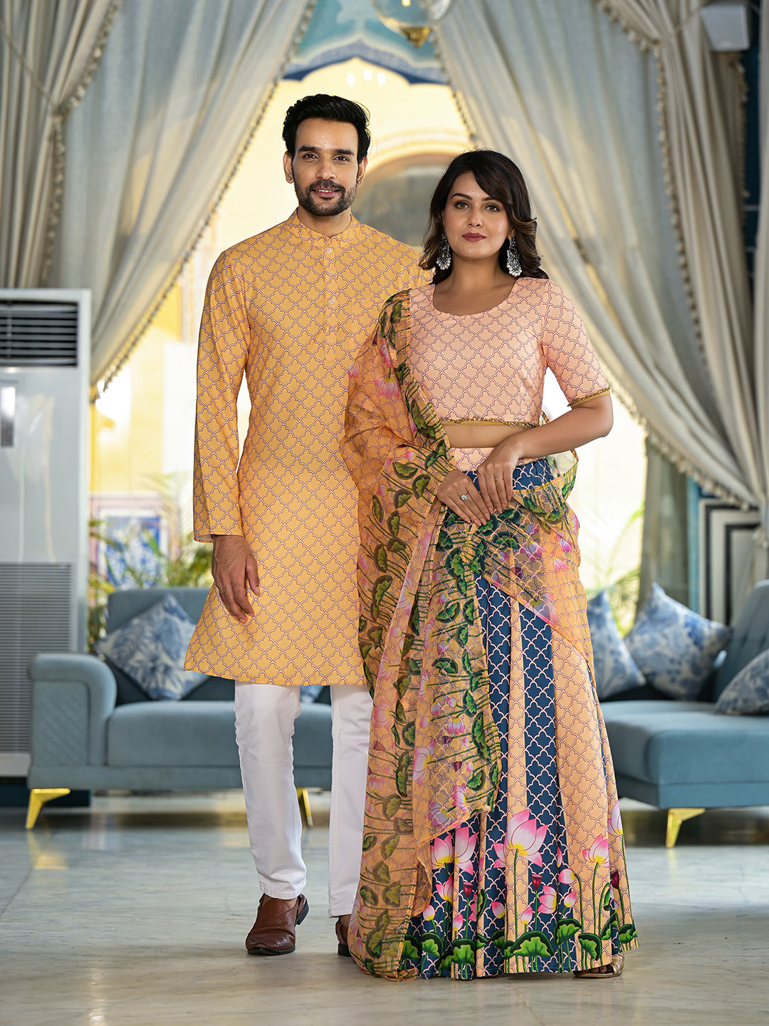 Yellow & Blue Pichwai Print Couple Combo Set - Elganza