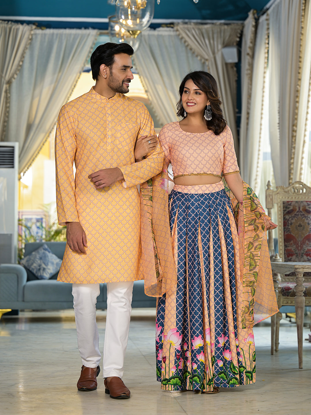 Yellow & Blue Pichwai Print Couple Combo Set - Elganza