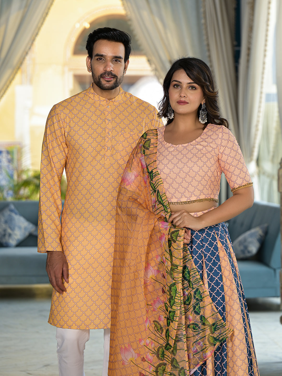 Yellow & Blue Pichwai Print Couple Combo Set - Elganza