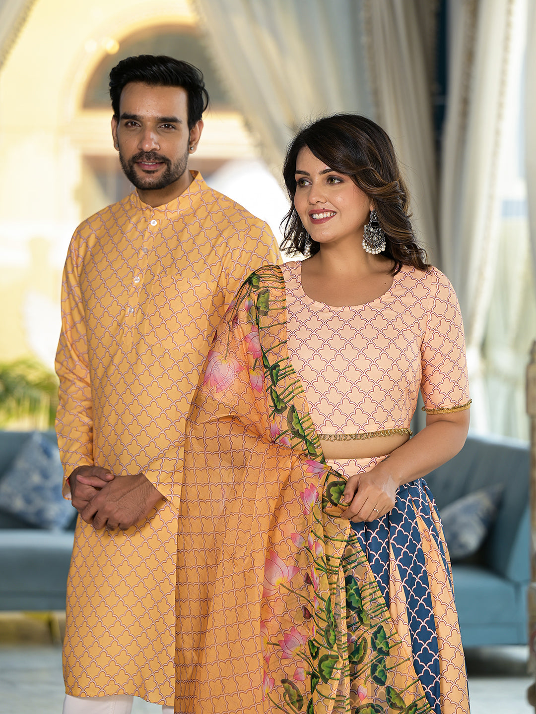 Yellow & Blue Pichwai Print Couple Combo Set - Elganza