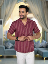 Maroon Woven Mandarin Collar Shirt - Elganza