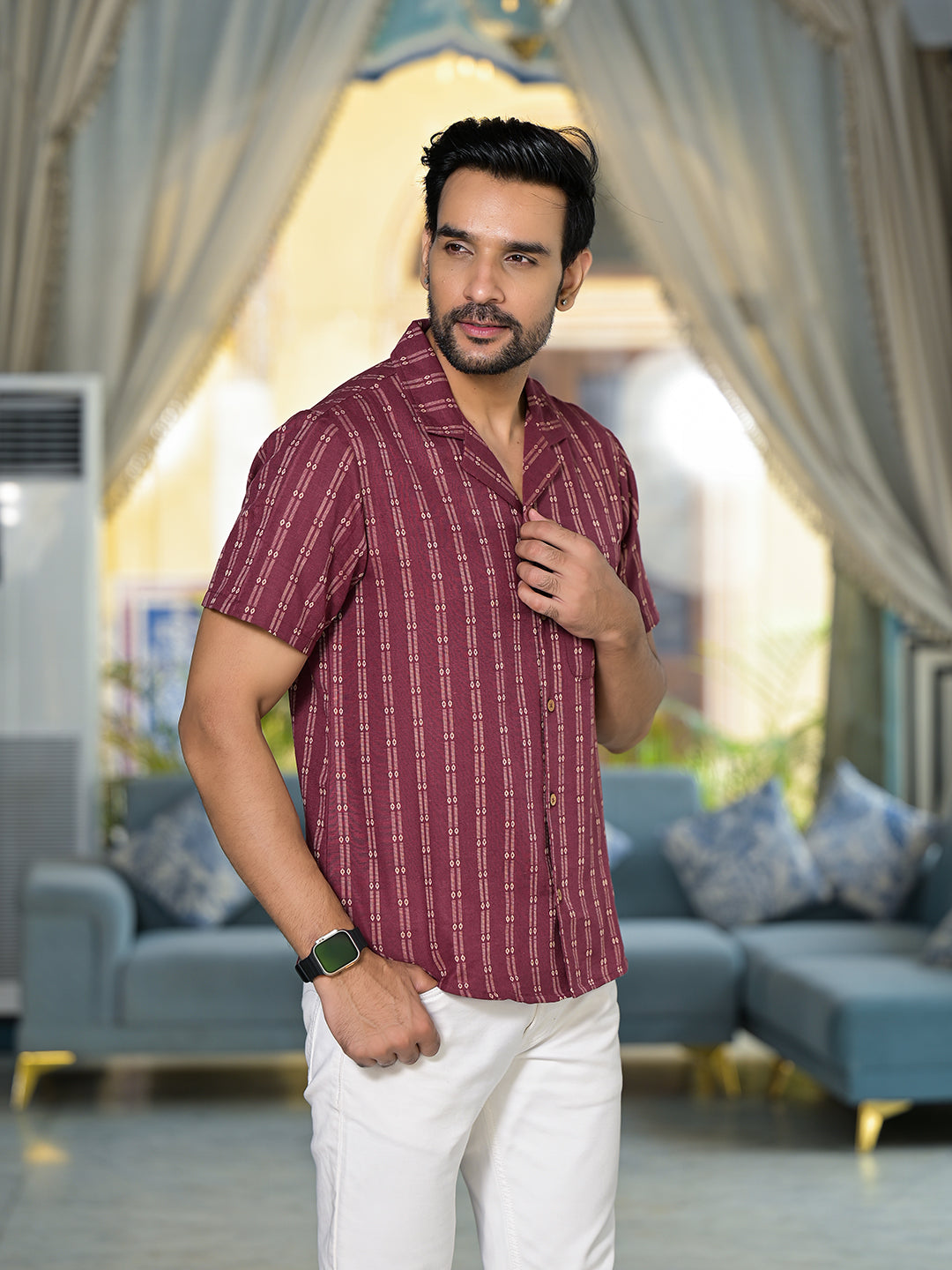 Maroon Woven Mandarin Collar Shirt - Elganza