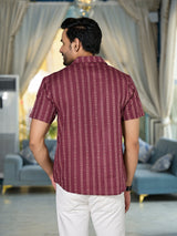 Maroon Woven Mandarin Collar Shirt - Elganza