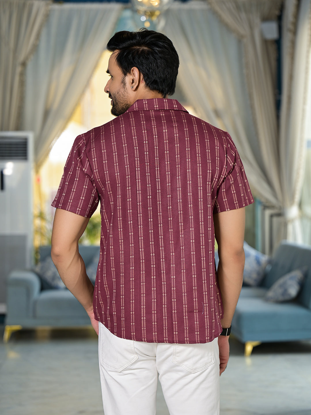 Maroon Woven Mandarin Collar Shirt - Elganza