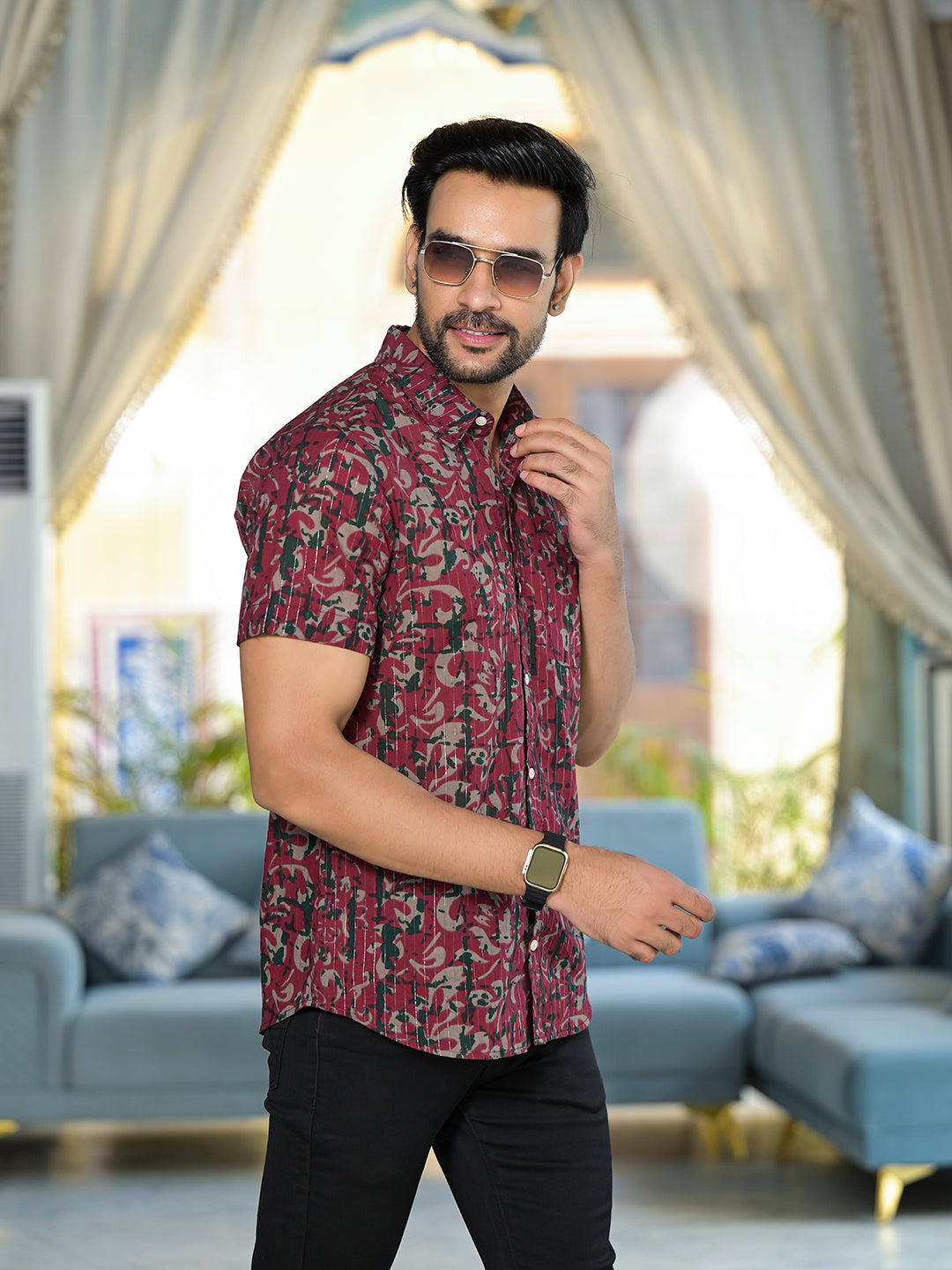 Burgundy Ethnic print Lurex shirt - Elganza