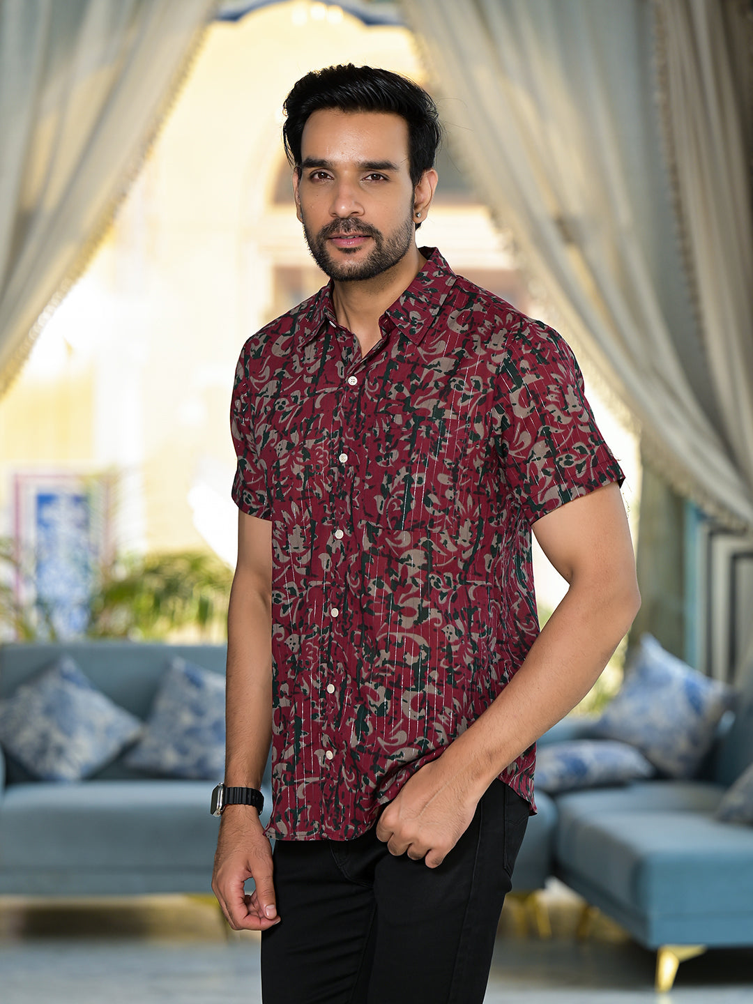 Burgundy Ethnic print Lurex shirt - Elganza